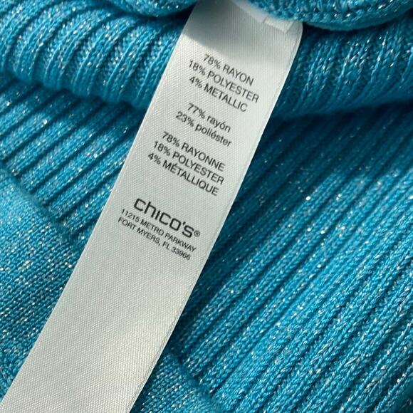 Chicos 2 Sweater Womens L Blue Metallic Shimmer Ribbed Knit 3/4 Sleeves Stretch - Picture 9 of 12